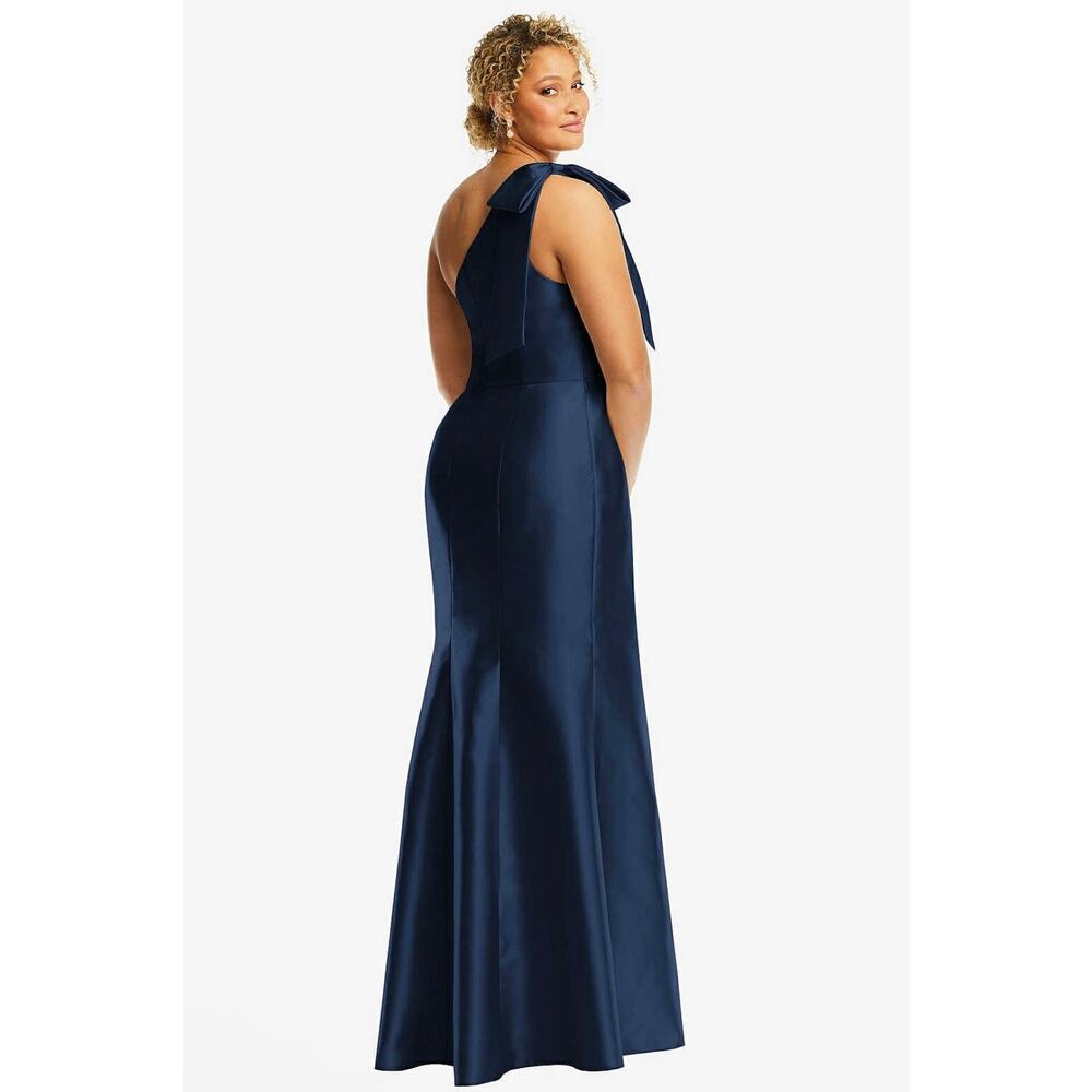 Alfred Sung D794 Midnight Navy Bow One Shoulder Satin Trumpet Gown Sz 20 - Picture 3 of 4